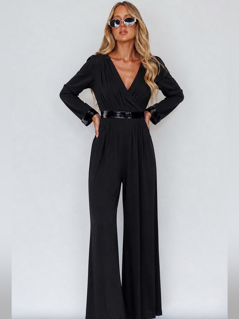 Madewell Long Sleeve Velvet-Trimmed Wide Leg Jumpsuit Size 2